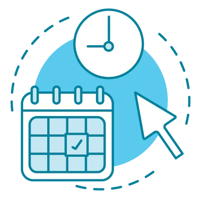 Scheduling Icon with a calendar, clock and a mouse pointer